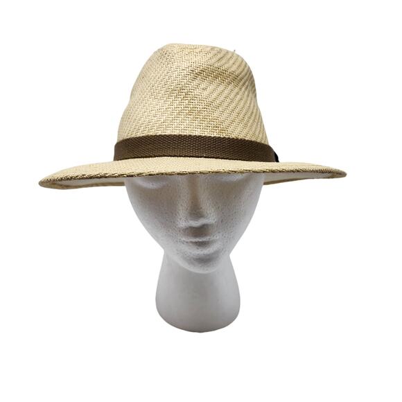 Disney Woven Fedora Panama Hat Adult Size Micky Mouse Metal Logo Brown Belt Trim - Picture 4 of 11